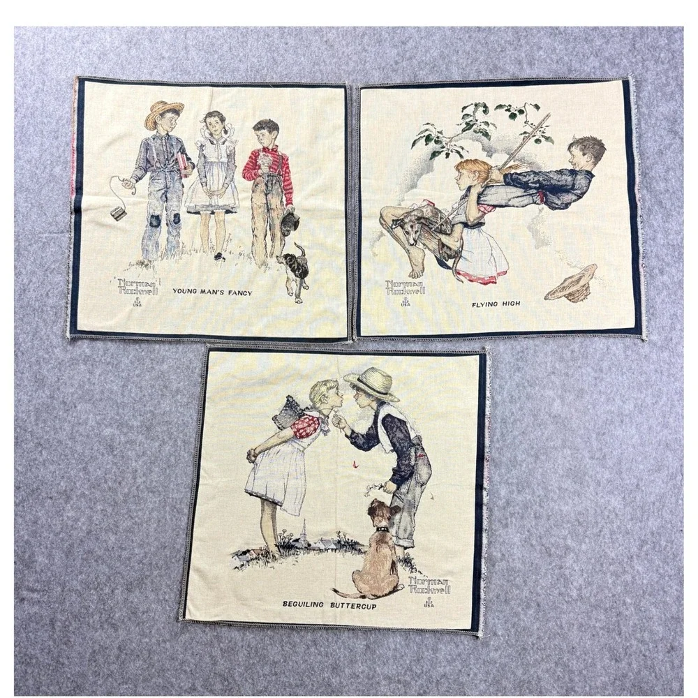 Vintage‎ Norman Rockwell Tapestry Panels Set of 3 for PIllows/decor 90's Cotton